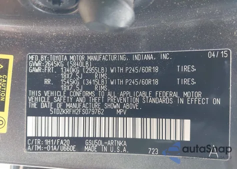 2015 Toyota Highlander Le Plus V6 from USA, damaged, VIN 5TDZKRFH2FS079762